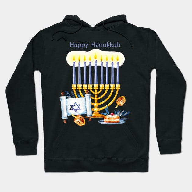 Happy Hanukkah Watercolor Hoodie by Mako Design 